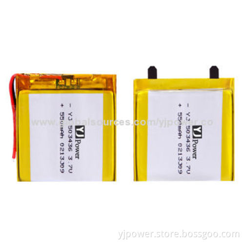 Li-polymer Batteries with 550mAh Nominal Capacity, 3.7V Voltage, Sized 5.0 x 34 x 36mm